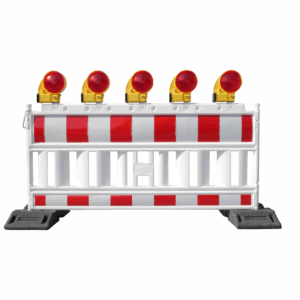 Verplaatsbaar wit hekwerk met rode reflecterende strepen. Inclusief 5 rode veiligheidslampen en 2 voeten.  TL kunststof panelen van 2,00 meter lengte.