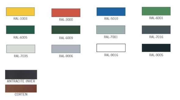 Kleurenkaart standaard kleuren fietsenrek. Bij grotere aantallen, andere ral kleuren mogelijk.