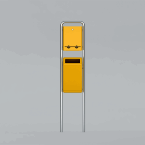 Variant op de buitenafvalbak Bima met een zakjes dispenser daarboven, speciaal voor in honden uitlaatzones. Alle gangbare hondenpoepzakjes passen in de dispenser.