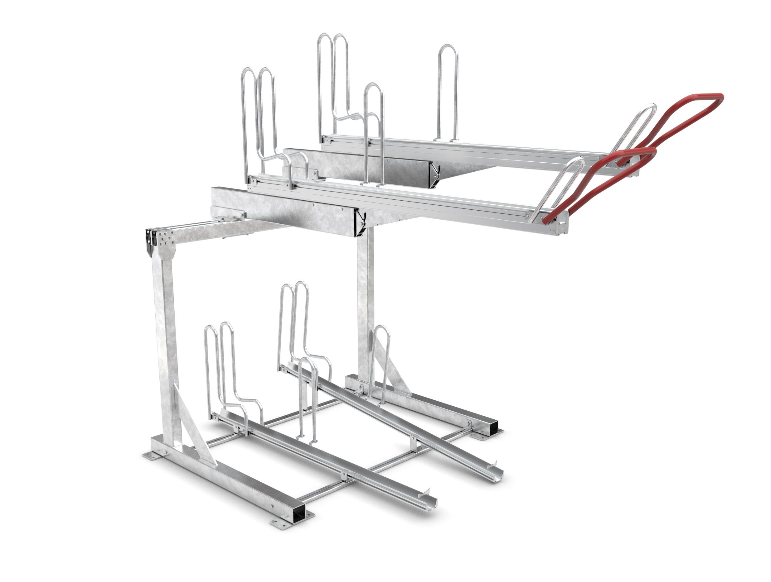 Onze tweelaags fietsenrekken. Volbad verzinkt. Aluminium rails en met gasveer.