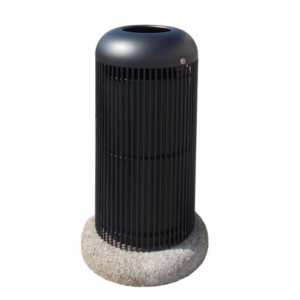 Afvalbak model Elise. Leverbaar in diverse ral kleuren en ook als afvalbak met metalen voetplaat voorzien van voorgeboorde gaten ten behoeve van de bevestiging op het maaiveld.