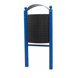 Buitenafvalbak Genova kan in bijna iedere ral kleur gepoedercoat worden. Hier is gekozen voor een combinatie zwart-b;auw.