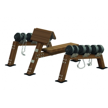 Duurzame houten outdoor fitnessapparatuur voor krachttraining. Perfect voor sportterreinen en beweegroutes.