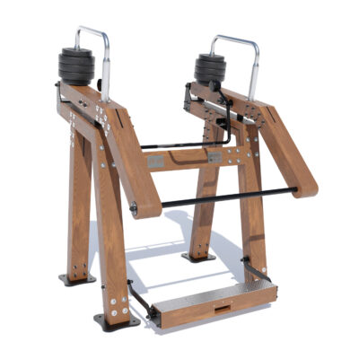 Train benen en kuiten met deze robuuste outdoor squatmachine van hout. Weerbestendig en geschikt voor buitenfitness.