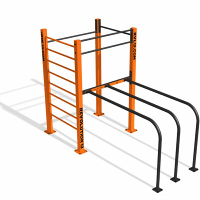 Calisthenics bootcamp station model Petum +. Voorzien van extra verticale liggers aan 1 zijde, voor nog meer oefeningen.