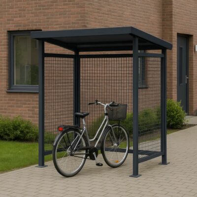 De staalmatwand is uitermate geschikt voor het laten begroeien met klimplanten zoals hedera, waarmee u de fietsoverkapping eenvoudig integreert in een groene tuinomgeving.