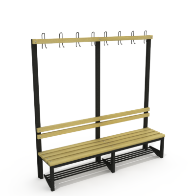 Bankje voor in de kleedkamer met kapstokhaken. 2,00 meter breed. Gepoedercoat metaal en geïmpregneerd grenen latten.