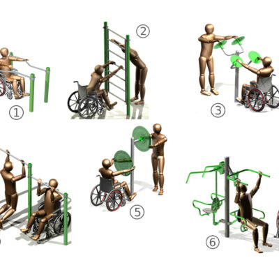 Buiten fitness toestellen voor mindervaliden, een aanwinst voor iedere buiten sport accommodatie.