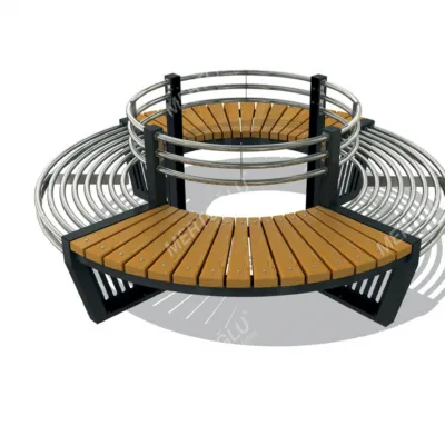 Boom bank Ikisi heeft een rugleuning en combineert een fraai metalen frame met twee houten zittingen van geïmpregneerd grenen. Speciaal geschikt voor buiten. Straatmeubilair met een prachtige vormgeving.