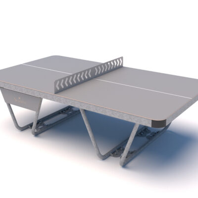 Ideale tafeltennistafel voor buiten: Stalen frame met een waterdicht blad van HPL, Afgeronde hoeken en leverbaar, met een groen tafeltennisblad en in het grijs.