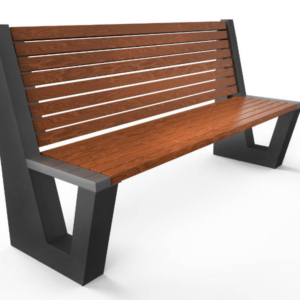 Betonbank - parkbank met leuning. Parkbank Vera is gemaakt van duurzaam beton, afgewerkt met houten latten. Straatmeubilair op zijn mooist.